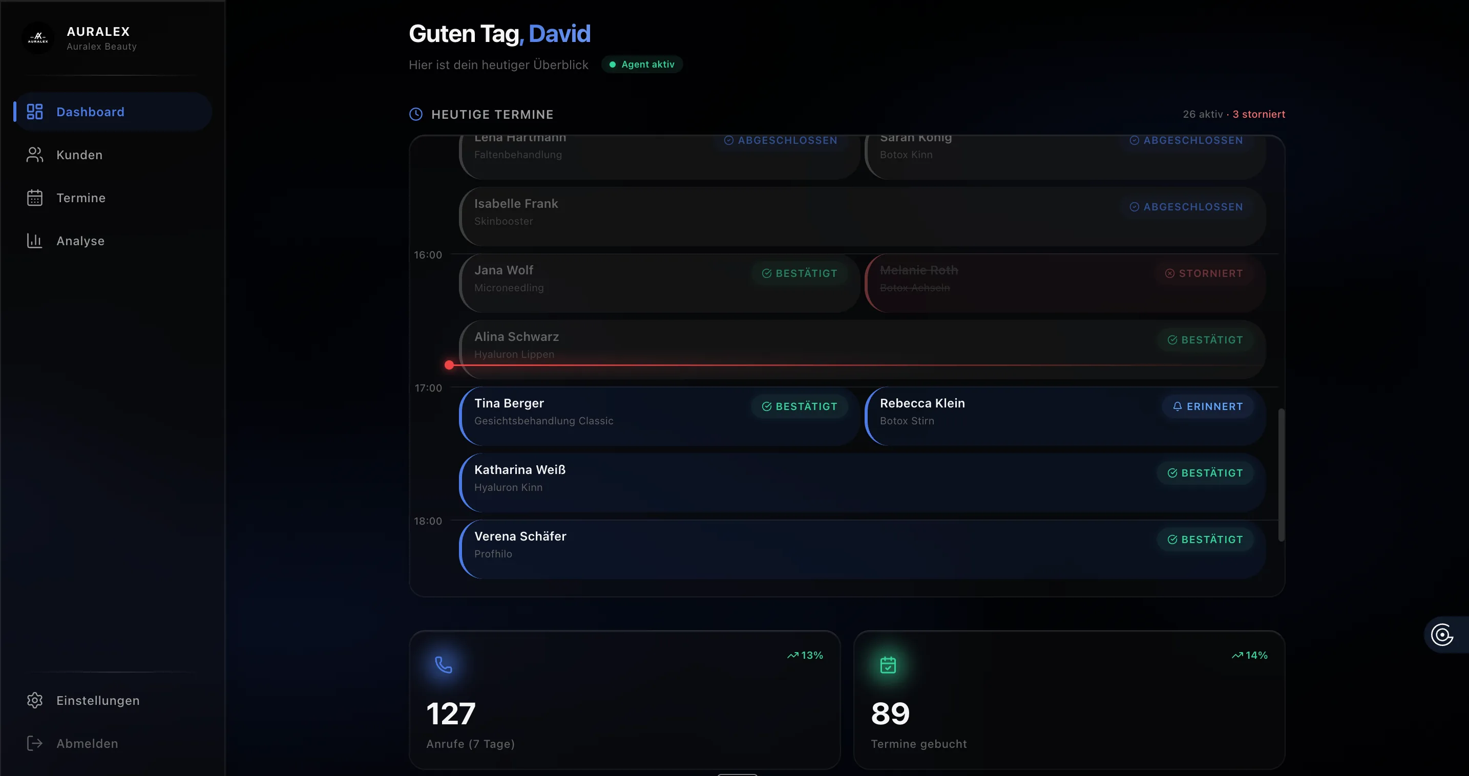 Voice Agent Dashboard mit Tagesübersicht, Anrufen und Performance.